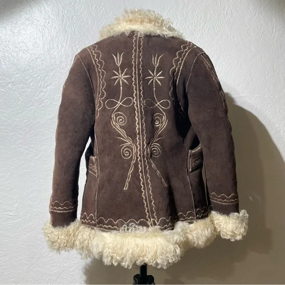 Vtg Afghan curly lamb wool shearling embroidered suede coat penny lane Mongolian - Picture 9 of 16